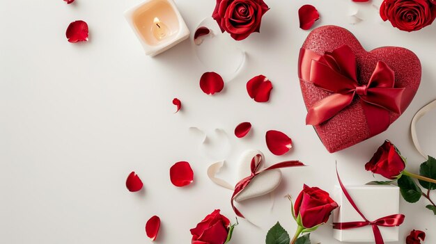 Pocztówka walentynkowa z różami w kształcie serca i świecami na białym tle