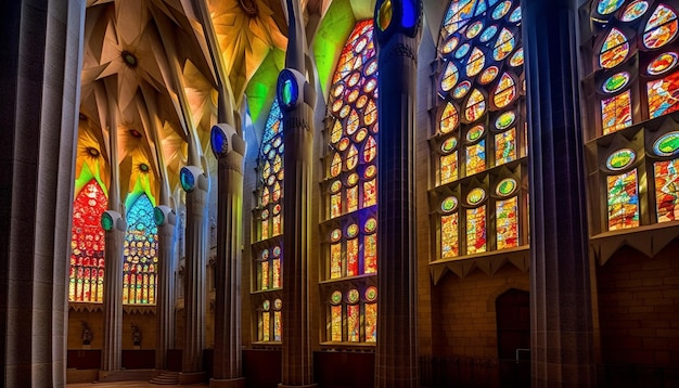 Podświetlane witraże zdobią majestatyczną gotycką bazylikę wygenerowaną przez sztuczną inteligencję