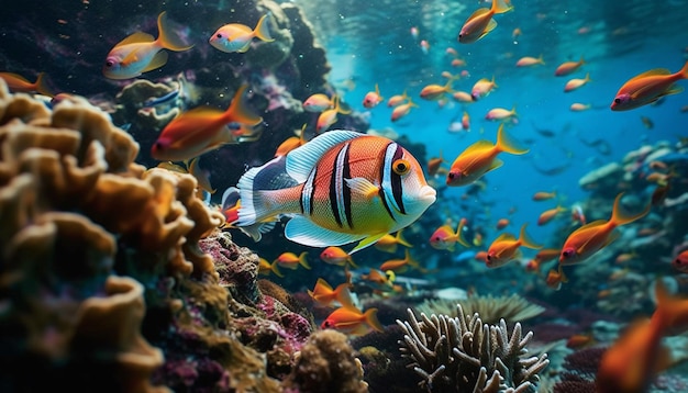 Bezpłatne zdjęcie podwodna natura rafy rybnej, wielobarwne piękno w ruchu wodnym generowane przez sztuczną inteligencję
