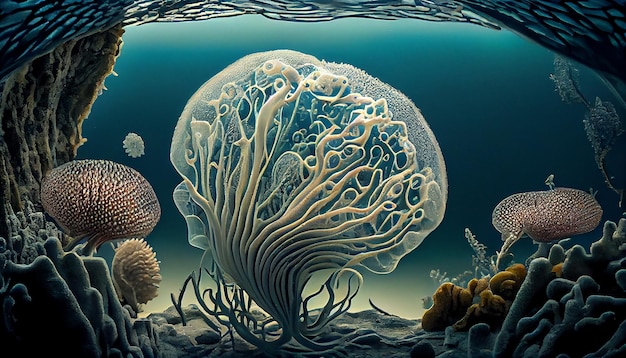 Bezpłatne zdjęcie podwodne komórki rakowe przylegają do żywej sztucznej inteligencji generatywnej koralowców