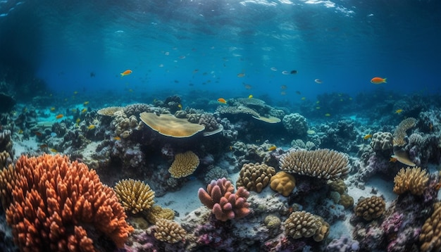 Bezpłatne zdjęcie podwodne rafy naturalne ryby w niebieskim tropikalnym klimacie piękno generowane przez sztuczną inteligencję