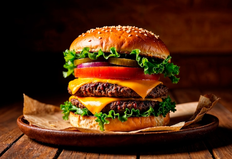 Bezpłatny plik Zdjęcie podwójny cheeseburger na drewnianym talerzu