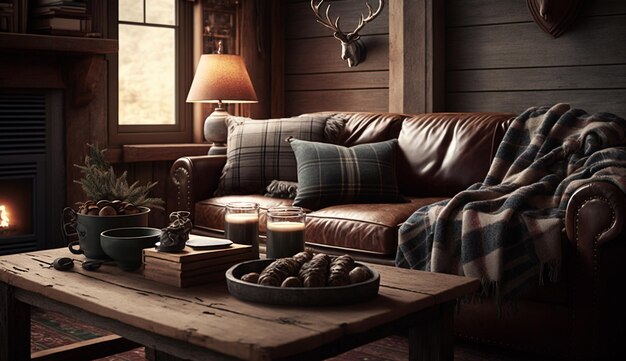 Pokój domowy w pomieszczeniu z drewnianą wygodną sofą generatywną AI