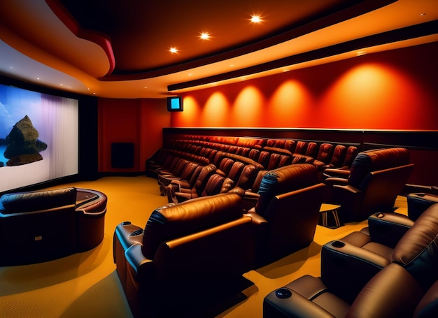 Pokój z dużym ekranem i skórzanymi krzesłami oraz dużym ekranem z napisem „kino domowe”.