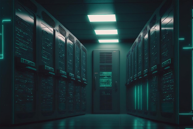 Pokój ze stojakami na serwery pamięci masowej z cybernetyczną siecią big data Wnętrze korytarza z zielonym światłem technologii informatycznej, w którym znajduje się sprzęt do przechowywania danych
