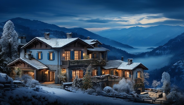Bezpłatne zdjęcie pokryte śniegiem pasmo górskie oświetlone zmierzchem idylliczny zimowy krajobraz generowany przez sztuczną inteligencję