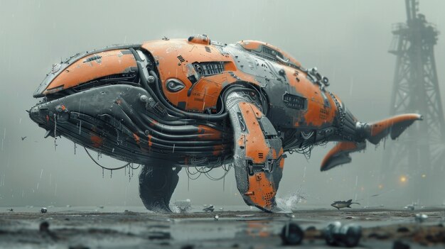 Pół wieloryb, pół robot w stylu fantasy.
