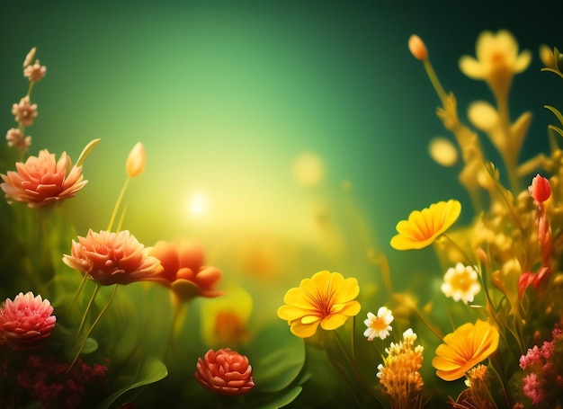 Bezpłatne zdjęcie pole kwiatów z zielonym tłem z napisem „słońce”.