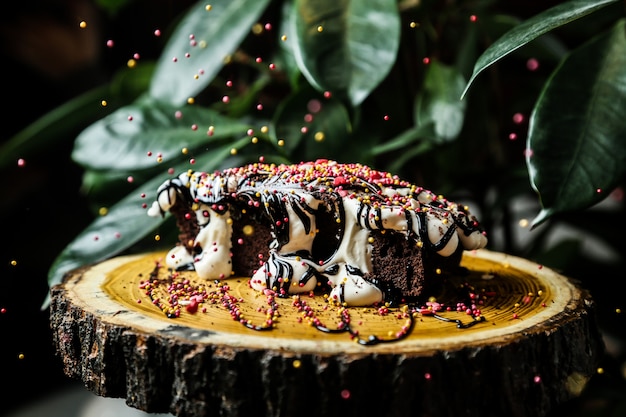 Bezpłatne zdjęcie polewanie polewą na ciasto czekoladowe na desce syrop widok z boku