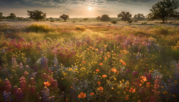 Bezpłatne zdjęcie polne kwiaty kwitną na spokojnej łące o zachodzie słońca generowane przez sztuczną inteligencję