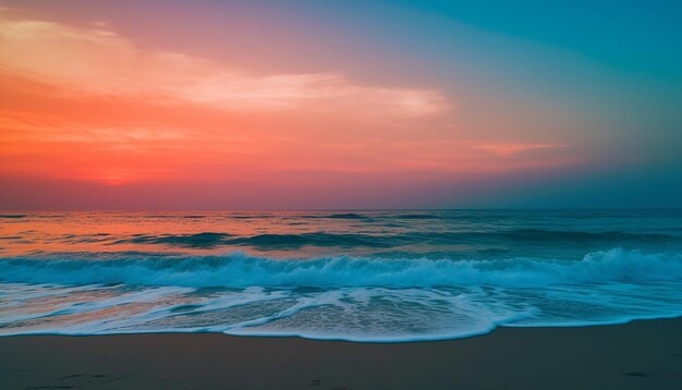 Pomarańczowy zachód słońca odbija się w spokojnej, błękitnej wodzie generowanej przez sztuczną inteligencję