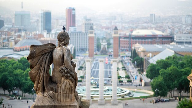 Pomnik Palau Nacional z gołębiem w Barcelonie, Hiszpania. Pochmurne niebo