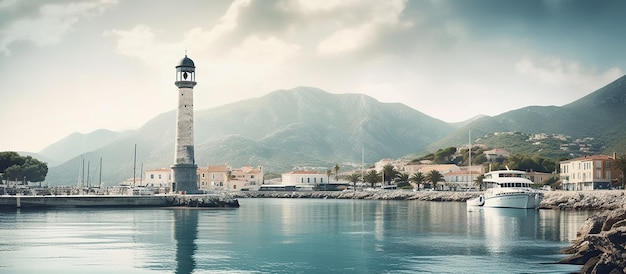 Bezpłatne zdjęcie port morski śródziemnomorskiego miasta z małą latarnią morską generowany przez sztuczną inteligencję