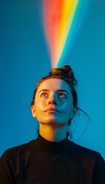 Bezpłatne zdjęcie portrait of person with rainbow colors symbolizing thoughts of the adhd brain