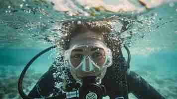 Bezpłatne zdjęcie portrait of scuba diver in the sea water with marine life