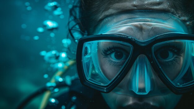 Bezpłatne zdjęcie portrait of scuba diver in the sea water with marine life