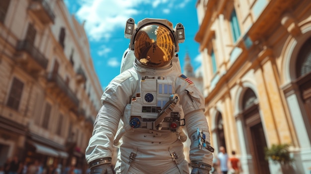 Bezpłatne zdjęcie portret astronauty w garniturze kosmicznym wykonującego zwykłą ludzką działalność