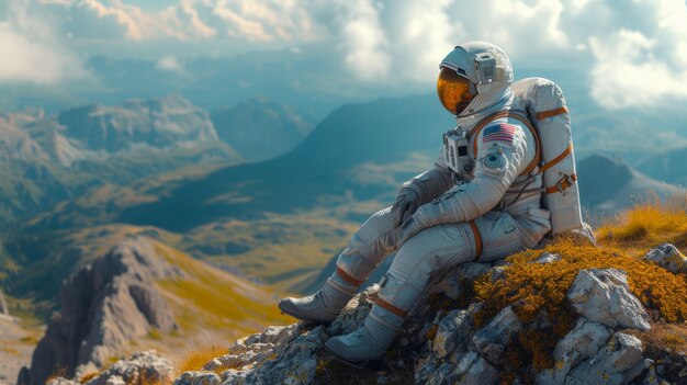 Portret astronauty w garniturze kosmicznym z górami