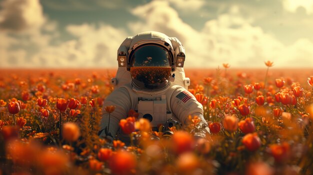 Portret astronauty w garniturze kosmicznym z kwiatami