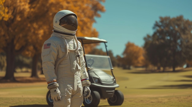 Bezpłatne zdjęcie portret astronauty w garniturze kosmicznym z wózkiem golfowym