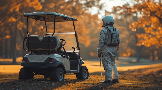 Bezpłatne zdjęcie portret astronauty w garniturze kosmicznym z wózkiem golfowym