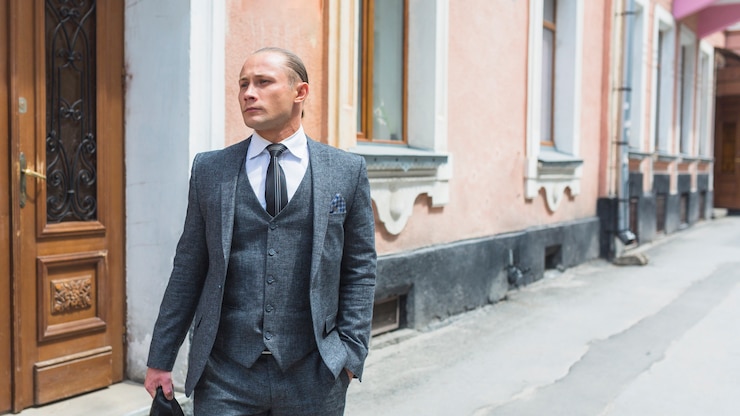Bezpłatny plik Zdjęcie portret biznesmen w kostium pozyci na ulicie