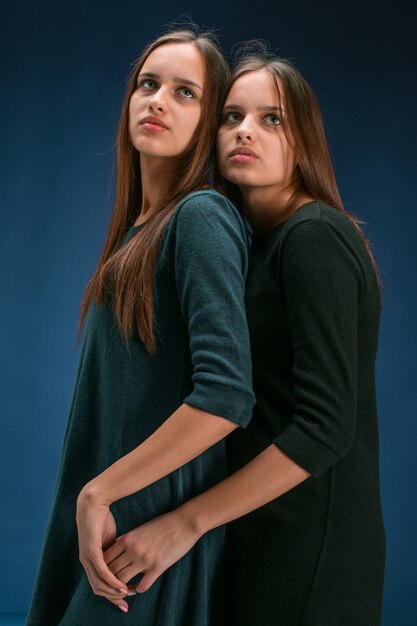 Portret dwóch pięknych bliźniaczych młodych kobiet