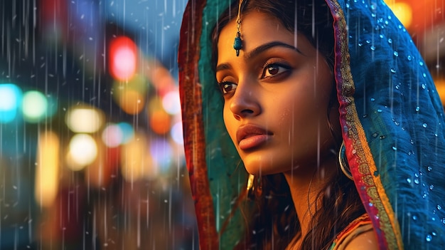 Bezpłatne zdjęcie portret indyjskiej kobiety w deszczu