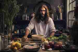 Bezpłatne zdjęcie portret jezusa robiącego współczesne rzeczy we współczesnym świecie