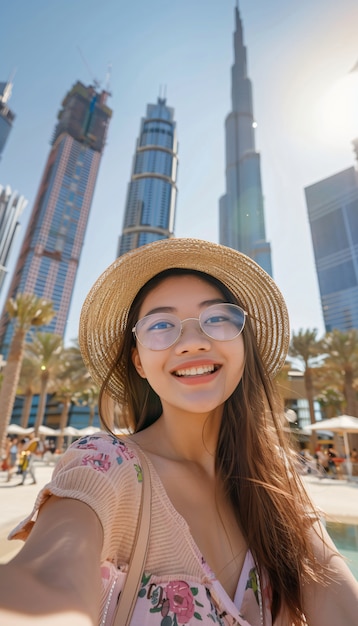 Bezpłatne zdjęcie portret kobiety odwiedzającej luksusowe miasto dubai