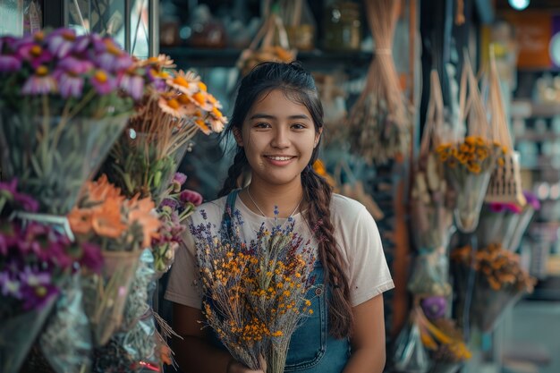 Portret kobiety pracującej w sklepie z suszonymi kwiatami