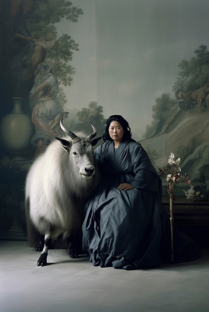 Bezpłatne zdjęcie portret kobiety reprezentującej znak zodiaku koziorożca z baranem