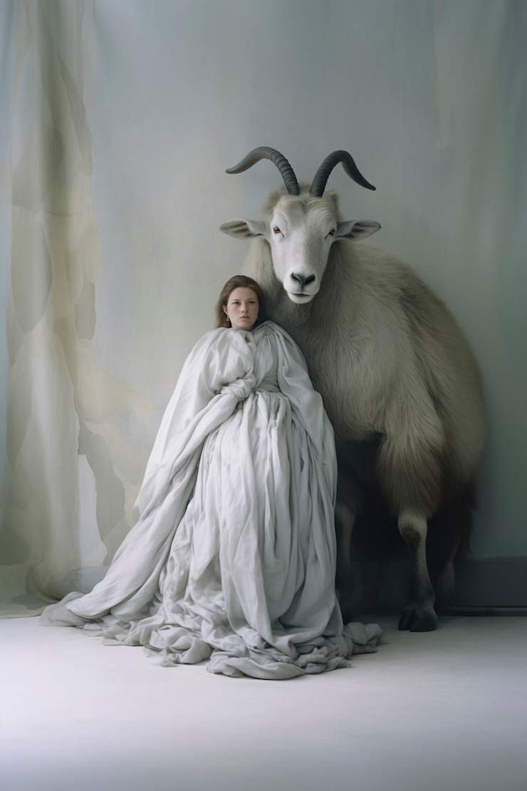 Bezpłatny plik Zdjęcie portret kobiety reprezentującej znak zodiaku koziorożca z baranem