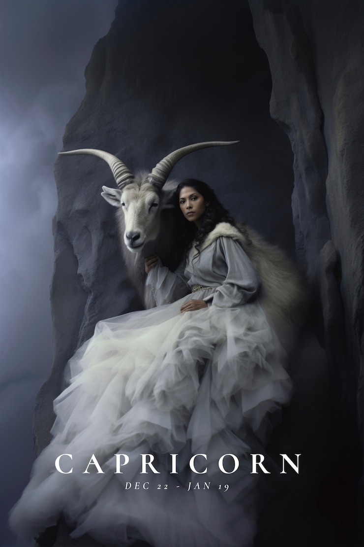 Bezpłatny plik Zdjęcie portret kobiety reprezentującej znak zodiaku koziorożca z baranem