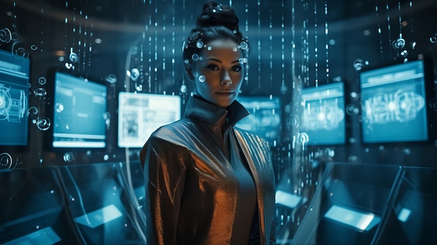Portret kobiety w fajnym futurystycznym kostiumie superbohatera