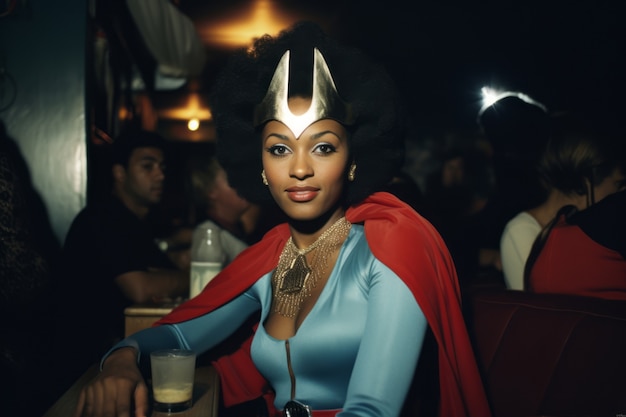 Portret kobiety w kostiumie superbohatera w restauracji