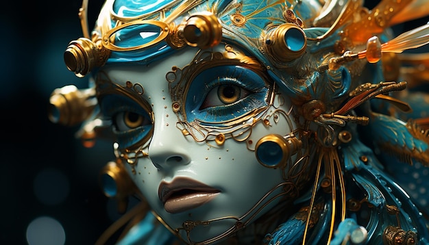Bezpłatne zdjęcie portret kobiety w złotej masce wyglądającej efektownie, wygenerowany przez sztuczną inteligencję
