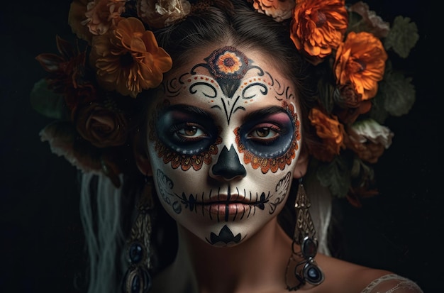 Portret kobiety z makijażem czaszki cukru na ciemnym tle Kostium Halloween i makijaż Portret Calavera Catrina Generative AI