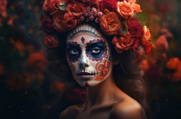 Bezpłatne zdjęcie portret kobiety z makijażem czaszki cukru na ciemnym tle kostium na halloween i portra do makijażu
