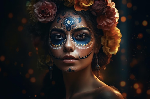Bezpłatne zdjęcie portret kobiety z makijażem czaszki cukru na ciemnym tle kostium na halloween i portra do makijażu