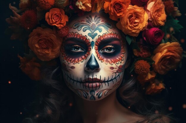 Portret kobiety z makijażem czaszki cukru na ciemnym tle kostium na halloween i portra do makijażu