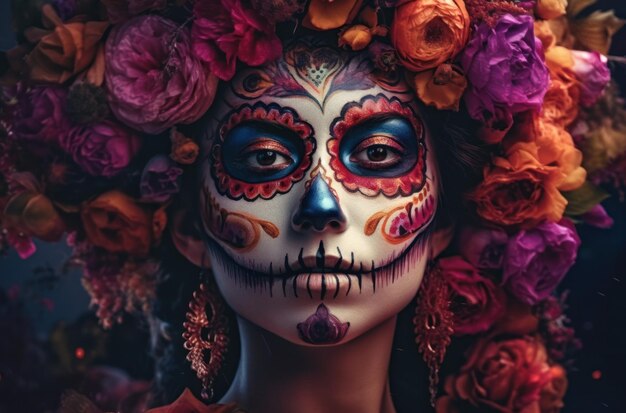 Portret kobiety z makijażem czaszki cukru na ciemnym tle kostium na halloween i portra do makijażu