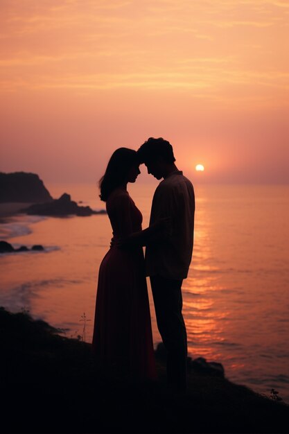 Portret kochającej się pary na plaży przy zachodzie słońca