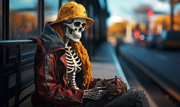 Portret ludzkiego szkieletu siedzącego na ławce i czekającego na środek transportu