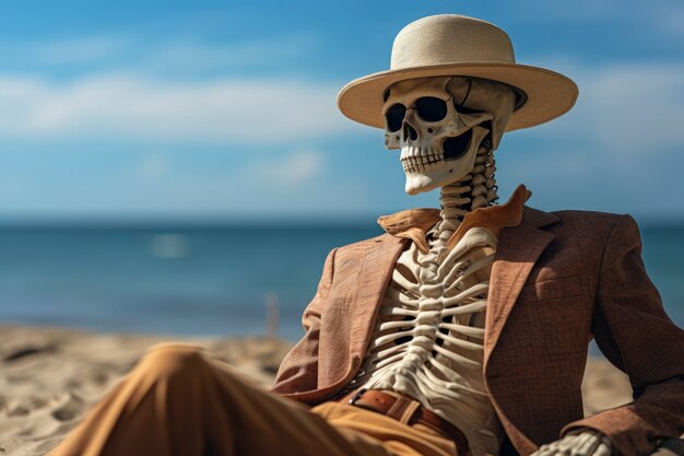 Portret ludzkiego szkieletu siedzącego na plaży