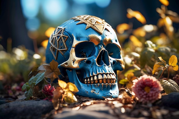 Bezpłatne zdjęcie portret ludzkiej czaszki szkieletu z kwiatami