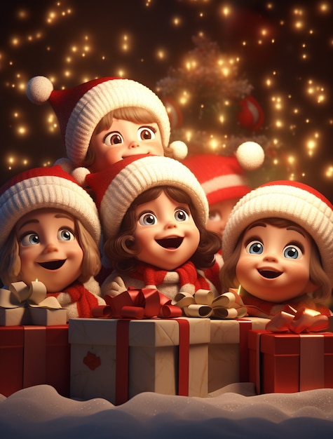 Portret małych dzieci w stylu kreskówki świętujących Boże Narodzenie