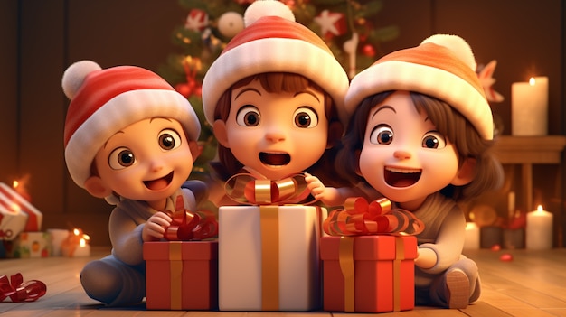 Portret małych dzieci w stylu kreskówki świętujących Boże Narodzenie