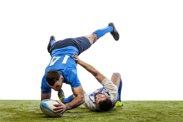 Portret Męskich Graczy Rugby Trenujących Piłkę Nożną Rugby Na Boisku Na Białym Tle