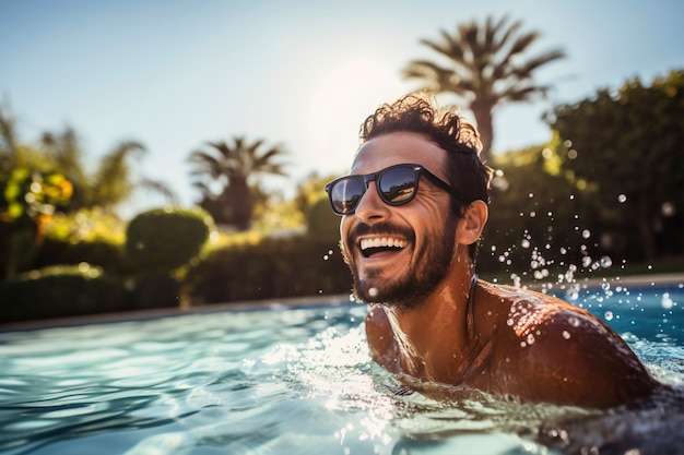 Portret mężczyzny uśmiechającego się w basenie